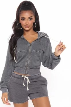 Fashion Nova Hoodies & Sweatshirts Night Appointment Zip Up Hoodie - Charcoal