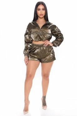 Fashion Nova Loungewear Short Sets Bet On It Windbreaker Short Set - Olive