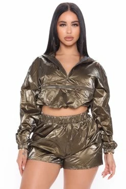 Fashion Nova Loungewear Short Sets Bet On It Windbreaker Short Set - Olive