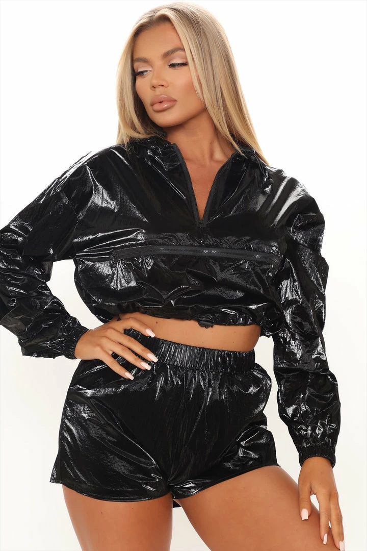 Fashion Nova Loungewear Short Sets Bet On It Windbreaker Short Set - Black