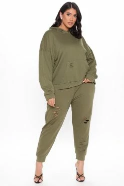 Fashion Nova Step Your Game Up Distressed Lounge Joggers - Olive Sweatpants & Joggers
