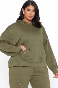 Fashion Nova Hoodies & Sweatshirts Step Your Game Up Distressed Lounge Hoodie - Olive