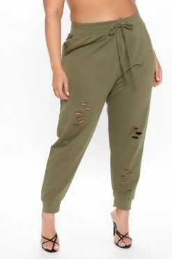 Fashion Nova Step Your Game Up Distressed Lounge Joggers - Olive Sweatpants & Joggers