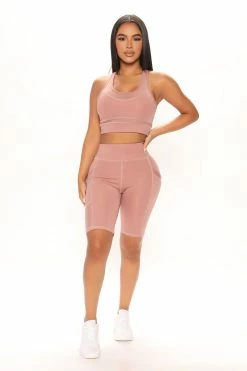 Fashion Nova Going For It Mesh Biker Short Set - Mauve Loungewear Sets