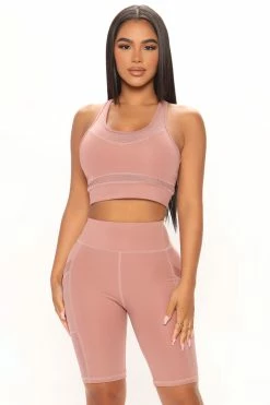 Fashion Nova Going For It Mesh Biker Short Set - Mauve Loungewear Sets