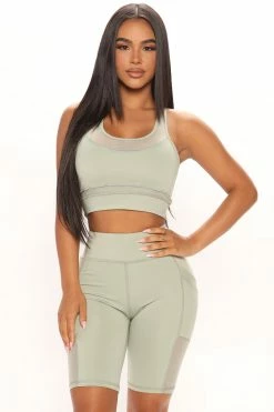 Fashion Nova Going For It Mesh Biker Short Set - Sage Loungewear Sets