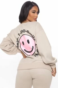 Fashion Nova 1 800 Smile Happy Face Sweatshirt - Khaki