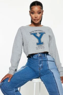 Fashion Nova Hoodies & Sweatshirts Yale Cropped Long Sleeve Top - Heather Grey
