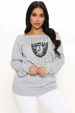 Fashion Nova Field Goal Raiders Off Shoulder Sweatshirt - Heather Grey