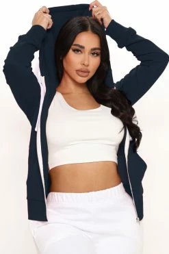 Fashion Nova Relaxed Vibe Zip Up Jacket - Navy