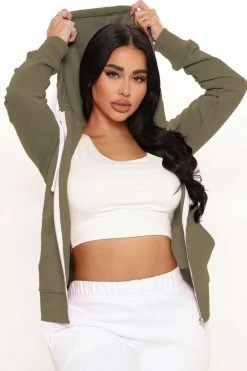 Fashion Nova Hoodies & Sweatshirts Relaxed Vibe Zip Up Jacket - Olive