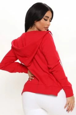 Fashion Nova Relaxed Vibe Zip Up Jacket - Red Hoodies & Sweatshirts