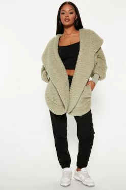Fashion Nova Cozied Up Together Faux Sherpa Jacket - Sage