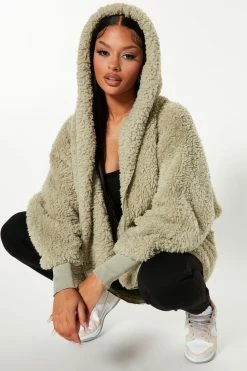 Fashion Nova Cozied Up Together Faux Sherpa Jacket - Sage