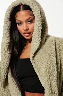 Fashion Nova Cozied Up Together Faux Sherpa Jacket - Sage