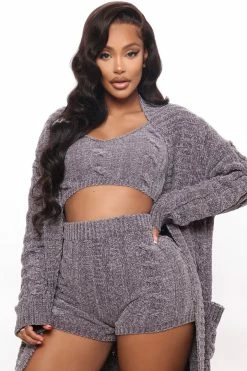 Fashion Nova Loungewear Sets Cozy Living 3 Piece Short Set - Charcoal