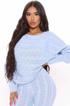Fashion Nova Got Me Chilled Down Sweater Set - Dusty Blue Loungewear Sets