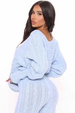 Fashion Nova Got Me Chilled Down Sweater Set - Dusty Blue Loungewear Sets
