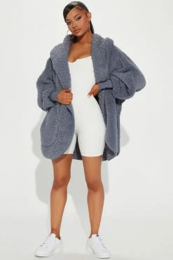 Fashion Nova Hoodies & Sweatshirts Cozied Up Together Faux Sherpa Jacket - Slate Blue