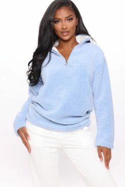 Fashion Nova Karmen Fuzzy Jacket - Light Blue Hoodies & Sweatshirts