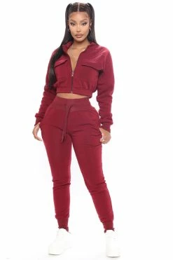Fashion Nova Loungewear Sets Meet Me Outside Fleece Set - Burgundy