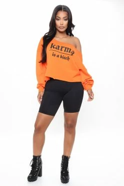 Fashion Nova Karma Is A B Off Shoulder Sweatshirt - Orange
