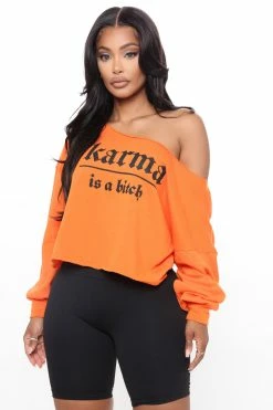 Fashion Nova Karma Is A B Off Shoulder Sweatshirt - Orange