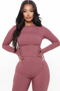 Fashion Nova Clear Your Schedule Long Sleeve Ruched Pant Set - Mauve