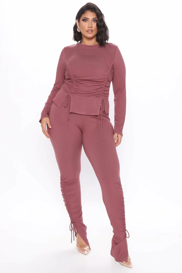 Fashion Nova Clear Your Schedule Long Sleeve Ruched Pant Set - Mauve