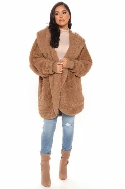 Fashion Nova Cozied Up Together Faux Sherpa Jacket - Mocha