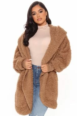 Fashion Nova Cozied Up Together Faux Sherpa Jacket - Mocha