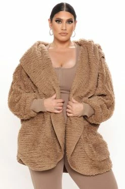Fashion Nova Cozied Up Together Faux Sherpa Jacket - Mocha