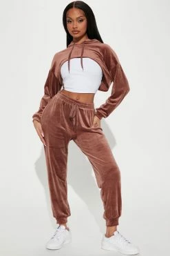 Fashion Nova Loungewear Pant Sets She's Casual Velour Jogger Set - Brown