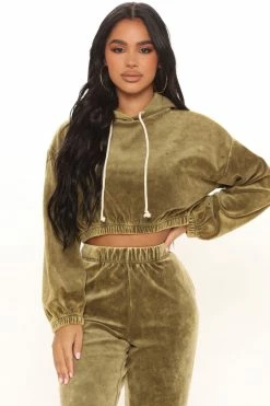 Fashion Nova Stay In With Me Cropped Hoodie - Olive