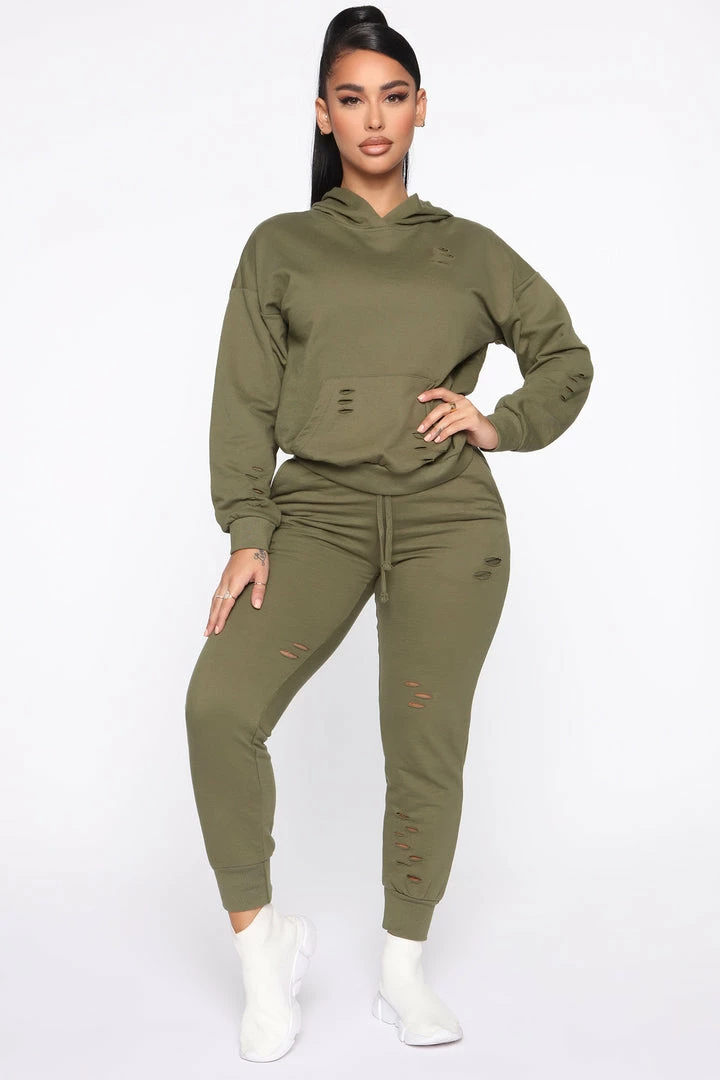 Fashion Nova Step Your Game Up Distressed Lounge Joggers - Olive Sweatpants & Joggers