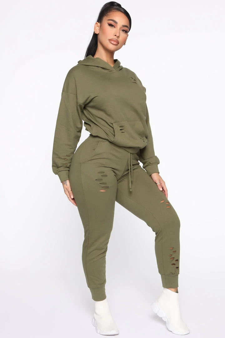 Fashion Nova Hoodies & Sweatshirts Step Your Game Up Distressed Lounge Hoodie - Olive