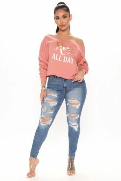 Fashion Nova Rose All Day Off Shoulder Sweatshirt - Peach