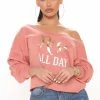 Fashion Nova Rose All Day Off Shoulder Sweatshirt - Peach