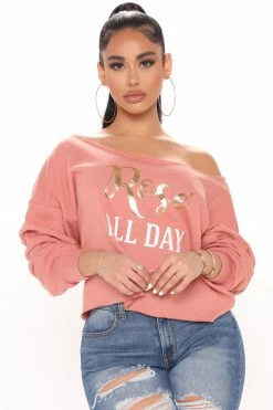 Fashion Nova Rose All Day Off Shoulder Sweatshirt - Peach