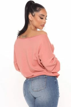 Fashion Nova Rose All Day Off Shoulder Sweatshirt - Peach