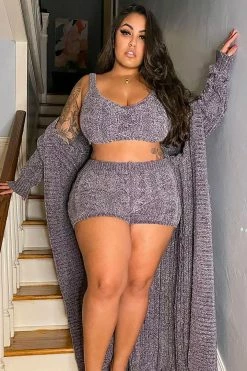 Fashion Nova Loungewear Sets Cozy Living 3 Piece Short Set - Charcoal