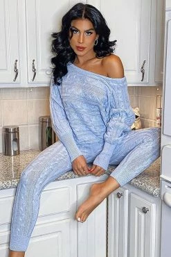 Fashion Nova Got Me Chilled Down Sweater Set - Dusty Blue Loungewear Sets