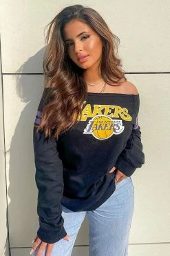 Fashion Nova NBA Court Side Seats Off Shoulder Lakers Sweatshirt - Black