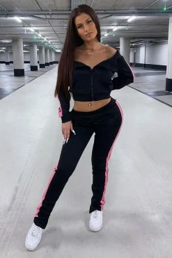 Fashion Nova Vibing Off Shoulder Track Pant Set - Black/Pink Loungewear Sets